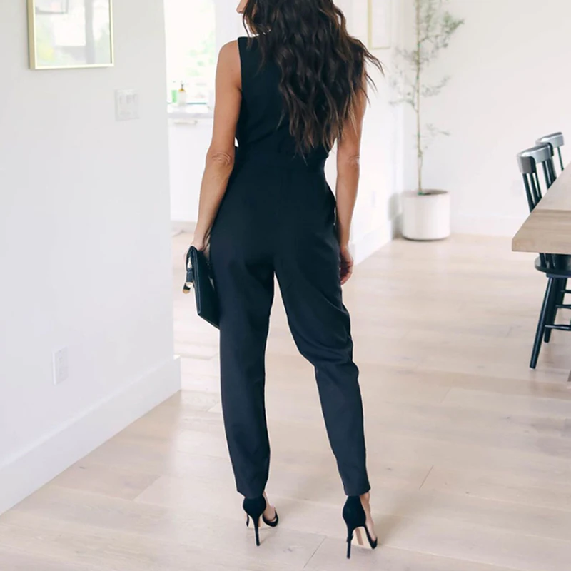 Fashion Lace Women Jumpsuit With Belt Sleeveless 2021 Summer New Casual V-neck Solid Women Black Jumpsuits Fashion Female Pants