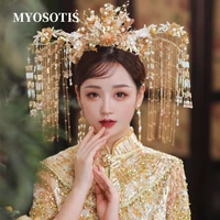 gold traditional chinese wedding hair accessories luxury headpiece bridal headband flower crown jewelries