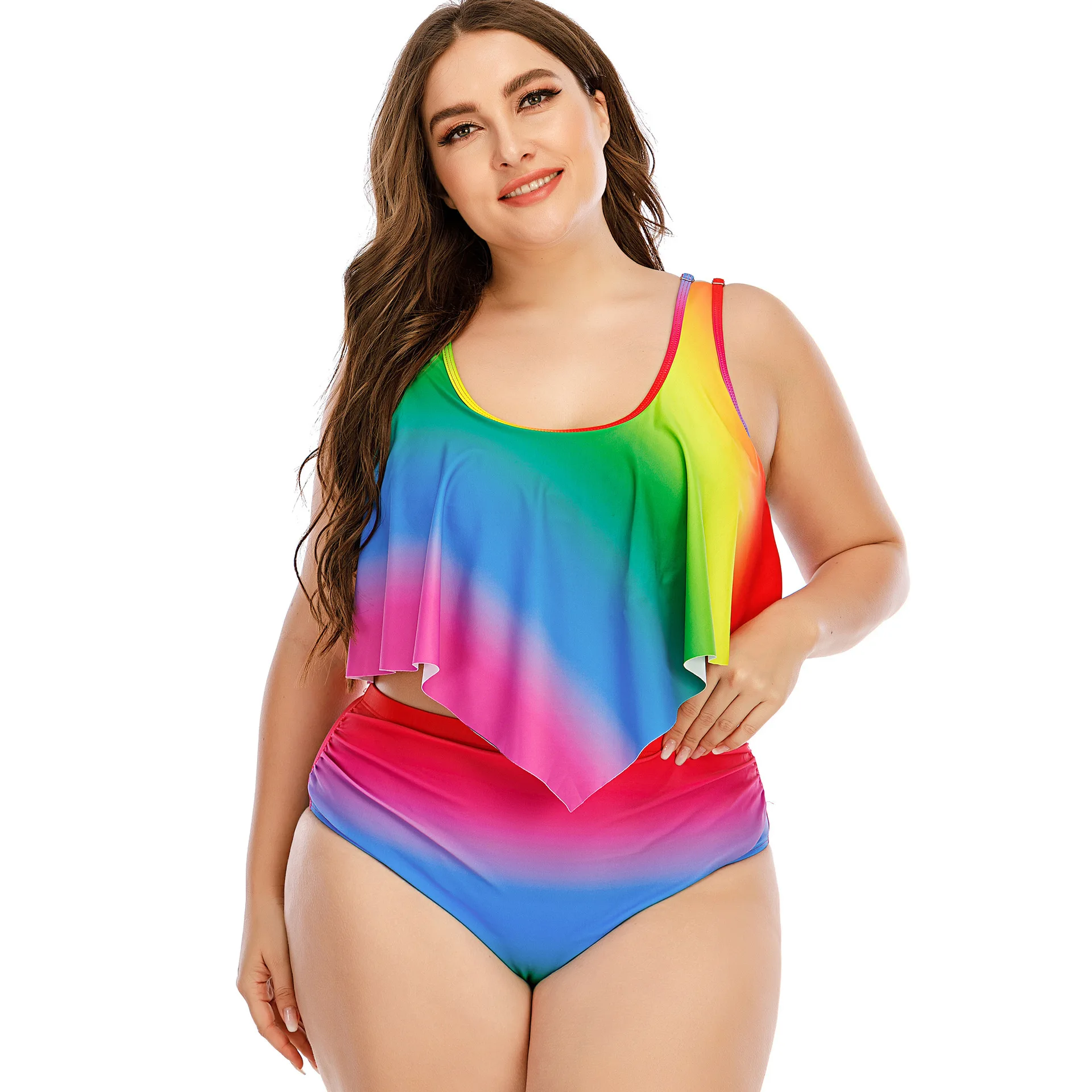 

High Waist Bikini Panty Swimsuit Plus Size Swimwear Women Ruffle Rainbow Printed Bikini Two Piece Large Size Bathing Suits 5XL