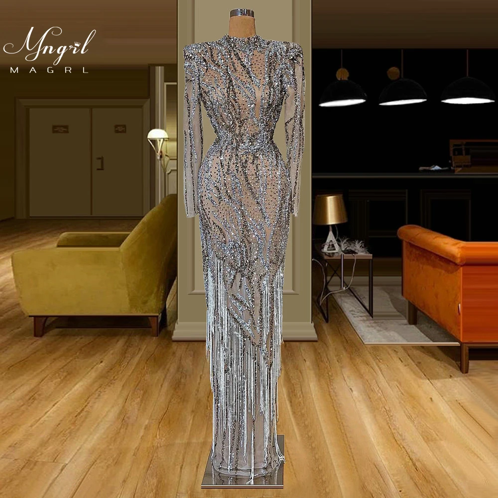 

MNGRL Luxury Evening Dress One-shoulder Long Sleeves Hand-applied Diamonds Glittering 2021 New Evening Dress Party Dress