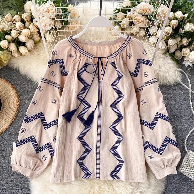 Женская блузка с вышивкой Осенний женский ретро свободный милый пуловер рубашка