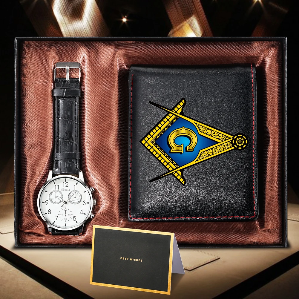 

Деловые часы, модный бумажник, мужские кварцевые аксессуары, подарок для парня или мужа, кожаный ремешок, золотые часы