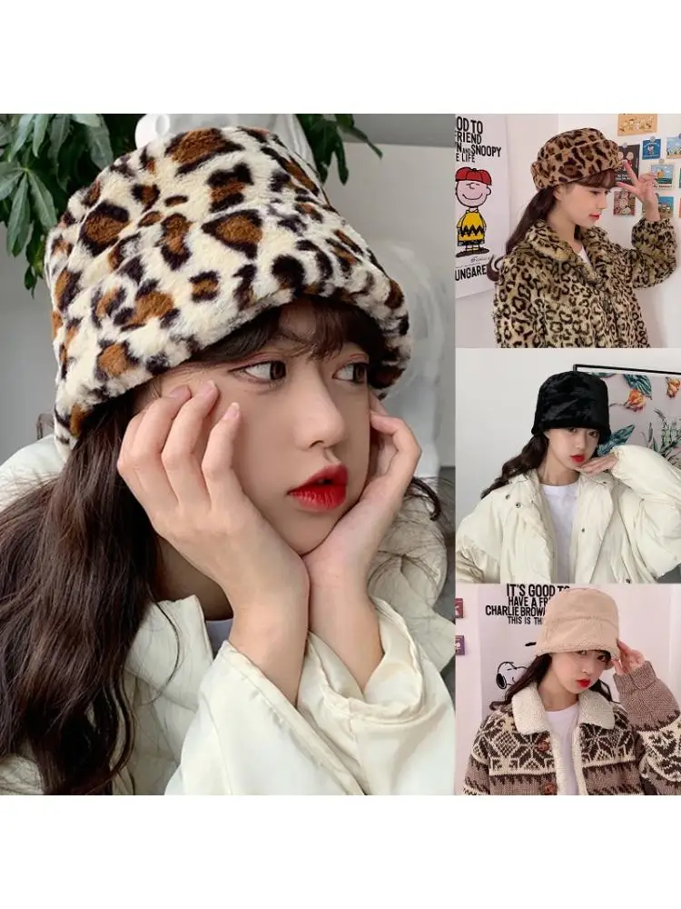 

Women Winter Fuzzy Plush Warm Dome Bucket Hat Leopard Harajuku Fisherman Cap