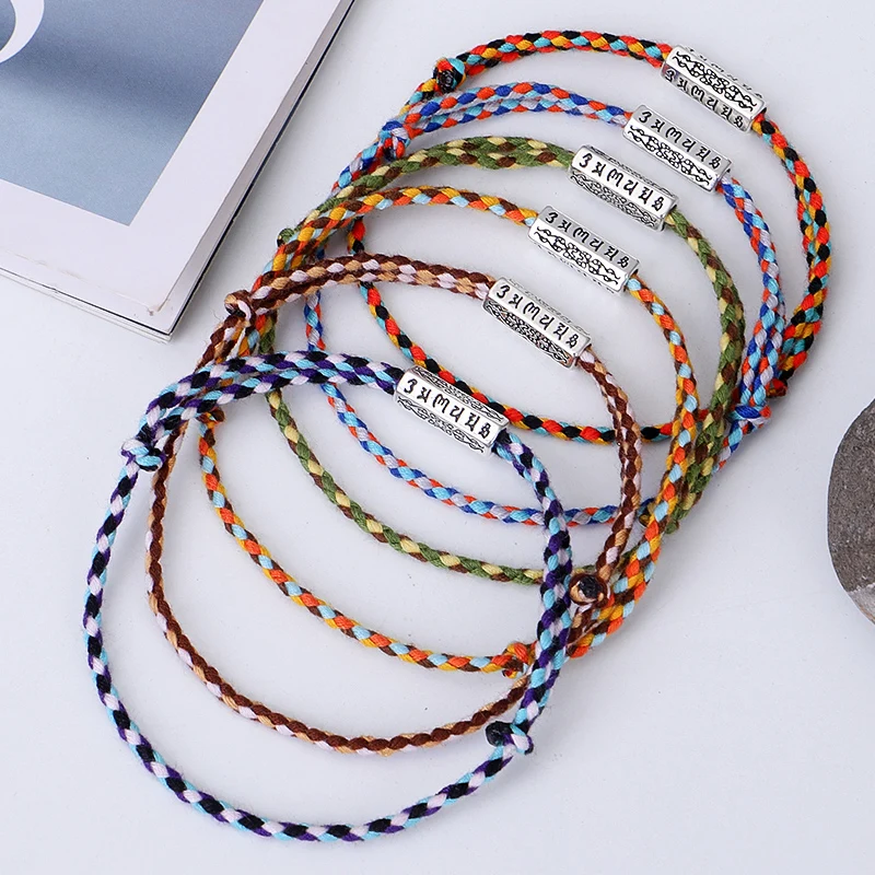 

Handmade Tibetan Buddhist Lucky Woven Amulet Bracelets & Bangles Tibetan Silver Six-Character Mantra Charm Rope Buddha Bracelet