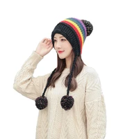 color stitching winter hat women three pompoms skullies beanies ladies fleece lined knitted hat earflap cap female beanie hat
