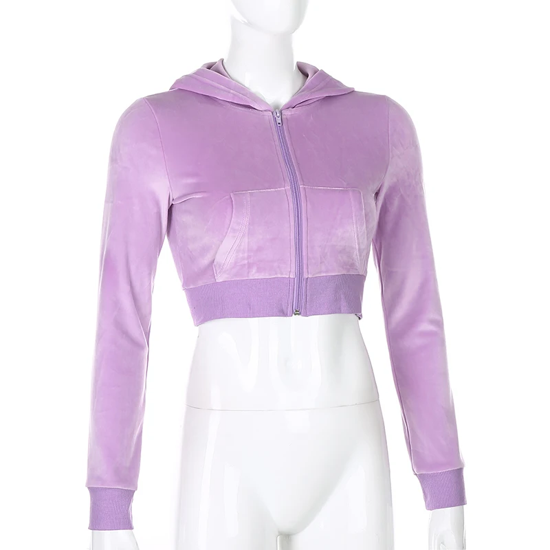 

Thorn Tree Women Hooded Crop Tops Fashion Coat Adults Slim Solid Color Long Sleeve Cardigan Zip Up with Pockets Autumn Jackets