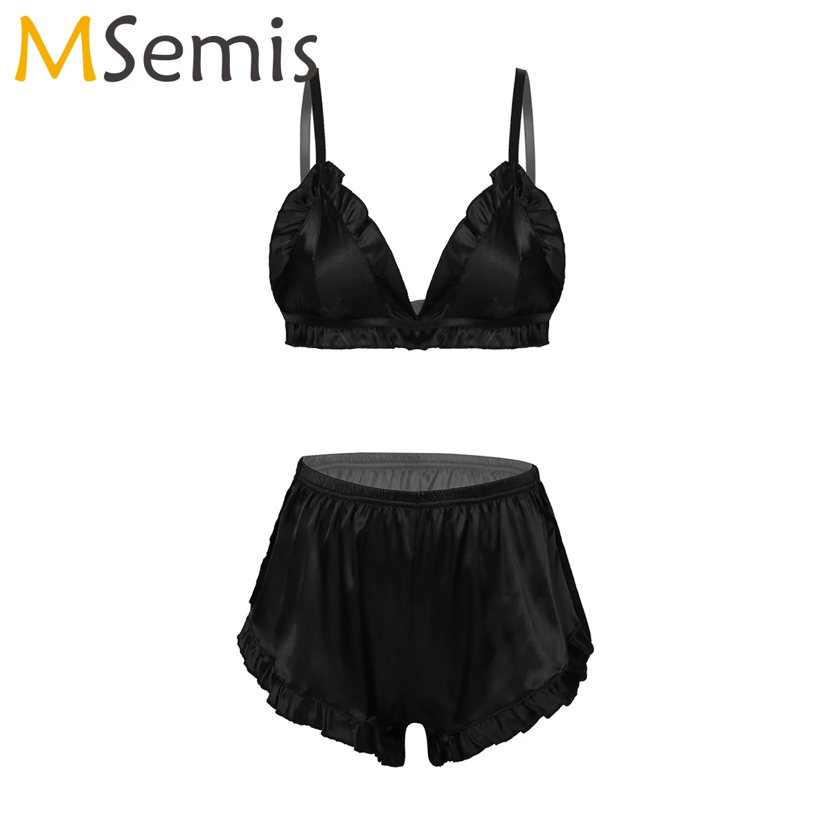 

Summer Women Ruffles Lingerie Suits Female Strappy Bra Tops with Elastic Waistband Shorts Pants Underwear Nightwear Exotic Set