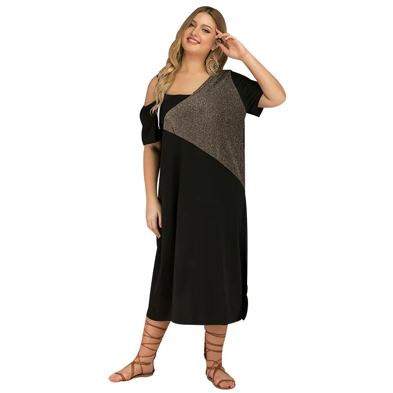 

dresses summer 2021 Plus size women's Simple fashion bright silk stitching sling one-shoulder sexy off-the-shoulder split dress