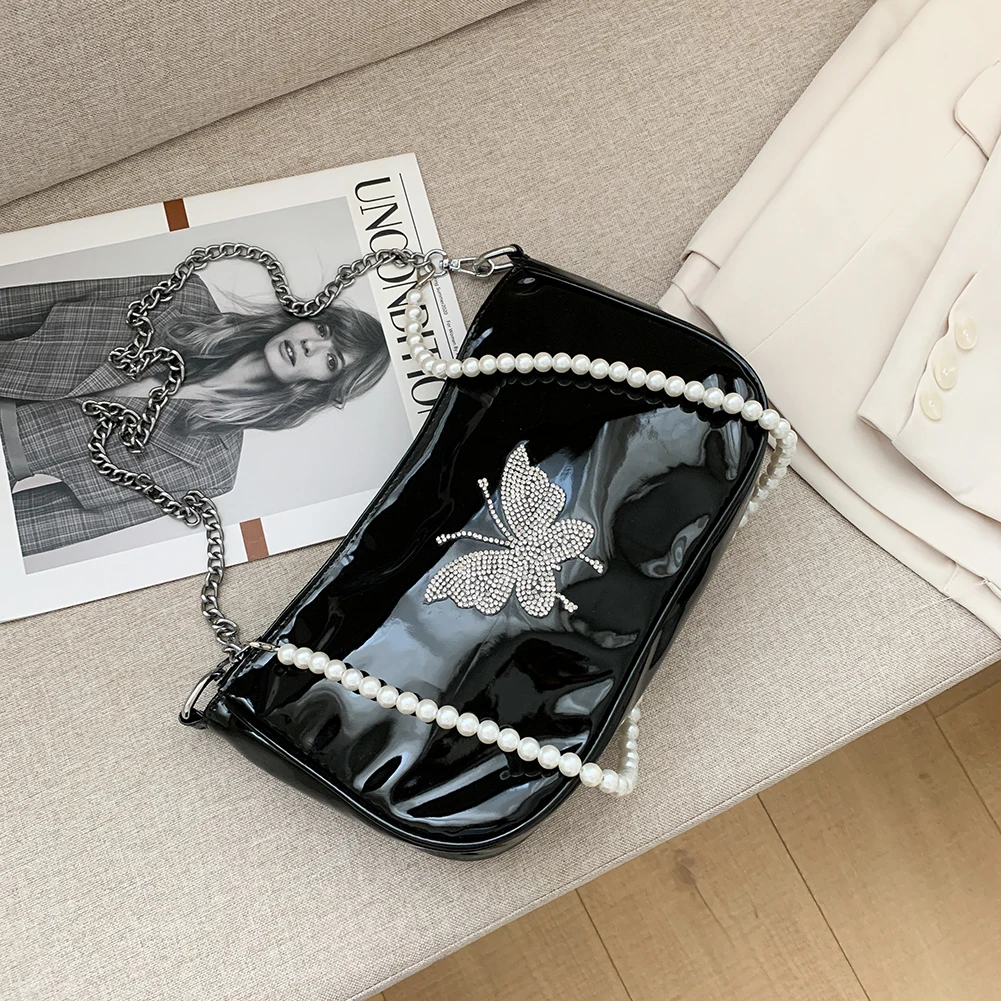 

2021 Women's Luxury Handbag Pearl Chain PU Shoulder Crossbody Bag Ladies Butterfly Trend Rhinestone Messenger Bag