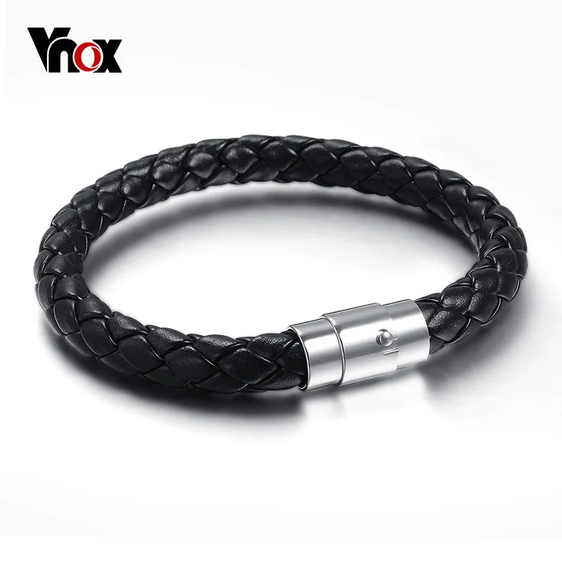 Vnox классический черный плетеный кожаный браслет для мужчин мужские ювелирные изделия с магнитной застежкой из нержавеющей стали