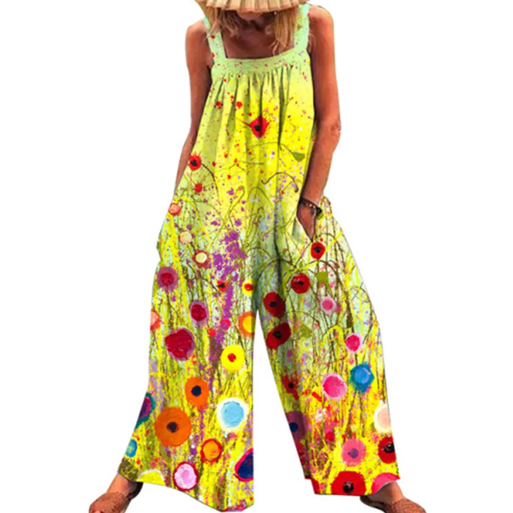 

Women's Summer 2021 New Plus Size Fashion Casual Multi Color Print Loose Straps Wide Leg Jumpsuit