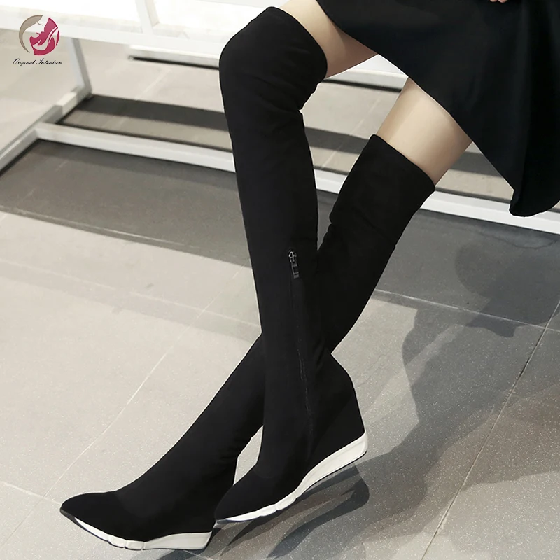 

Original Intention Sexy Over the Knee High Boots Woman Black Pointed Toe Wedges Comfort Flock Shoes Woman Elegant High Platform