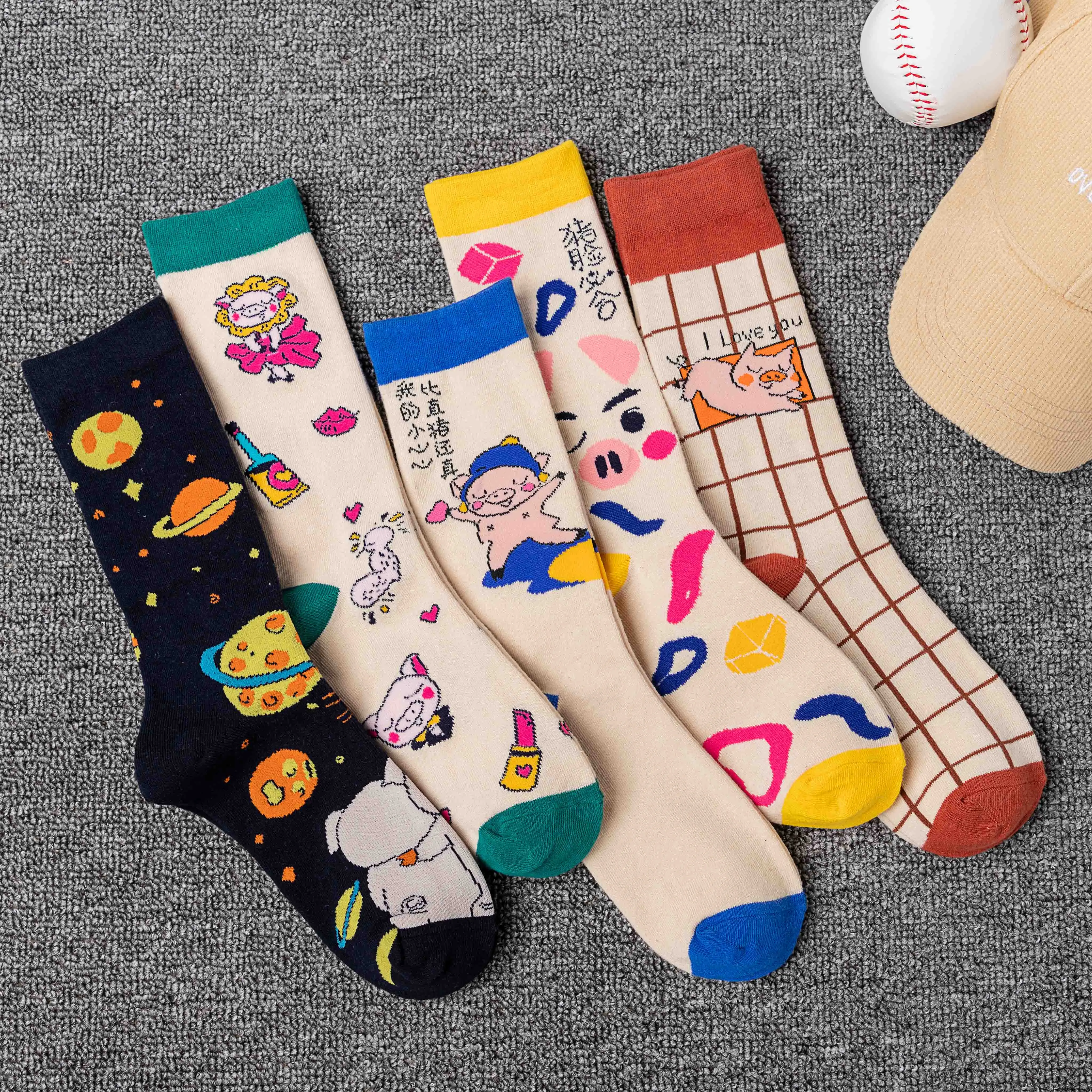 Женские счастливые носки хорошего качества с поросятами 5 цветов весна осень
