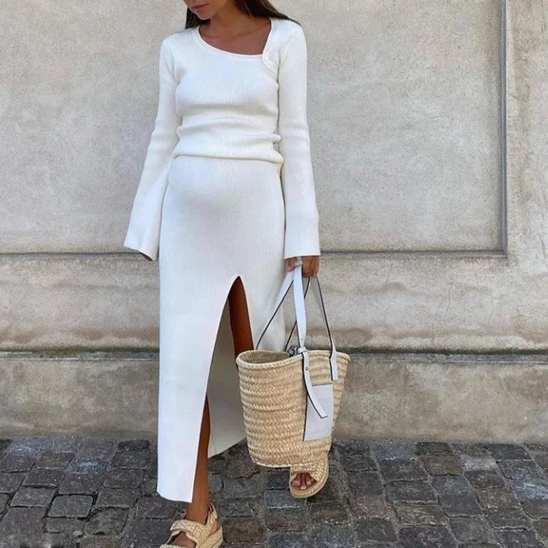 

Women Solid Knit Sweater Two Piece Suit Elegant Skew Collar Top Pullover And High Slit Skirt Set Spring Fall Long Sleeve Outfits