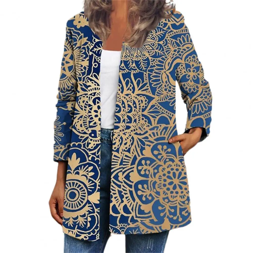 

Vintage Loose Women Coat Ethnic Print Round Neck Autumn Winter Loose Pockets Autumn Winter Office Ladies Cardigan Jacket