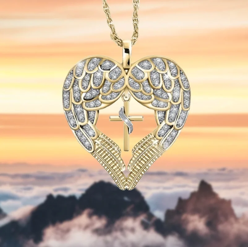 

Fashion Classic Golden Angel Wings Heart-Shaped Cross Pendant Women's Necklace Party Jewelry Valentine's Day Gift Wholesale