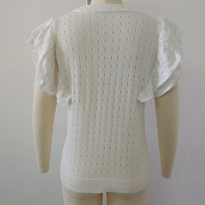 

Women O Neck Hollow Out Sweater Pullover Spring Double Butterfly Sleeve Office Lady Sweaters New Autumn Ruffle Solid Knitted Top