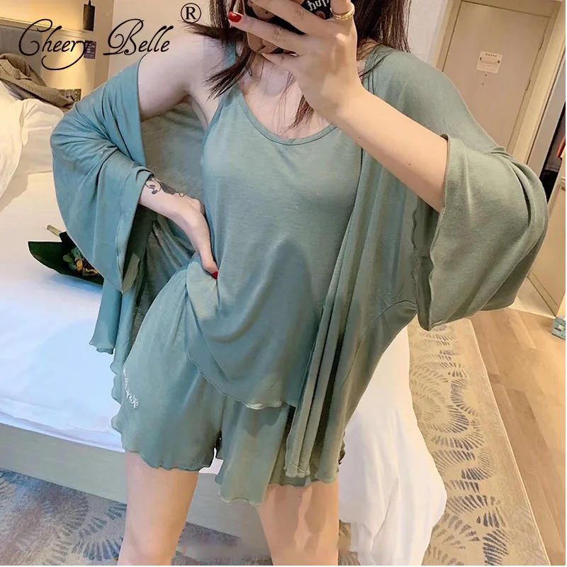 Женская пижама комплект из 4 предметов Свободный кардиган с подтяжками топ и