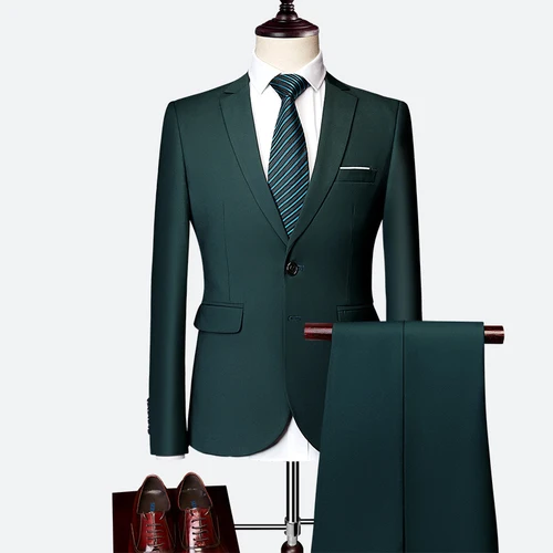 Dark green Jacket+ Pant New Men Business Slim Suits Sets Solid Color Wedding Office Dress Two-piece Suit Blazers Coat Trousers Waistcoat - Color: Dark green