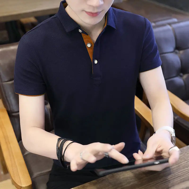 

Summer Pure Cotton Men's Polo Short Sleeve T-Shirt Half Clothes V Youth Slim Bottom Wear Lapel Trend