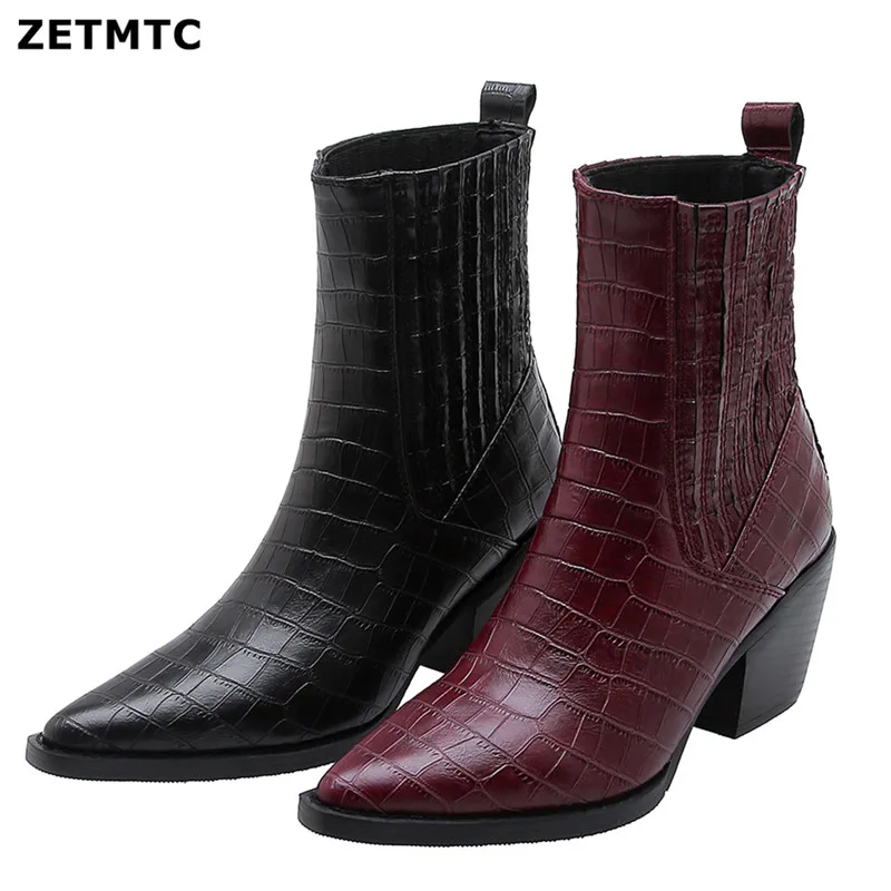 

Brand Fashion Embossed Microfiber Leather Women's Ankle Boots Pointed Toe Western Cowboy Boots Women Wedges Riding Runway Boots