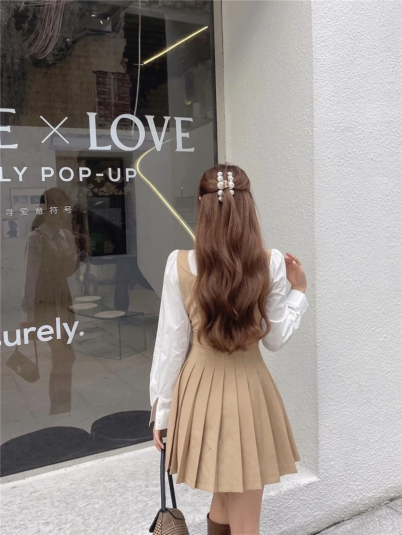 

Fashion Patchwork Waist Pleated Mini Dress Shirt Puff Sleeve Long Sleeve Version Y2k Cute 2021 Spring and Autumn Vintage Dress