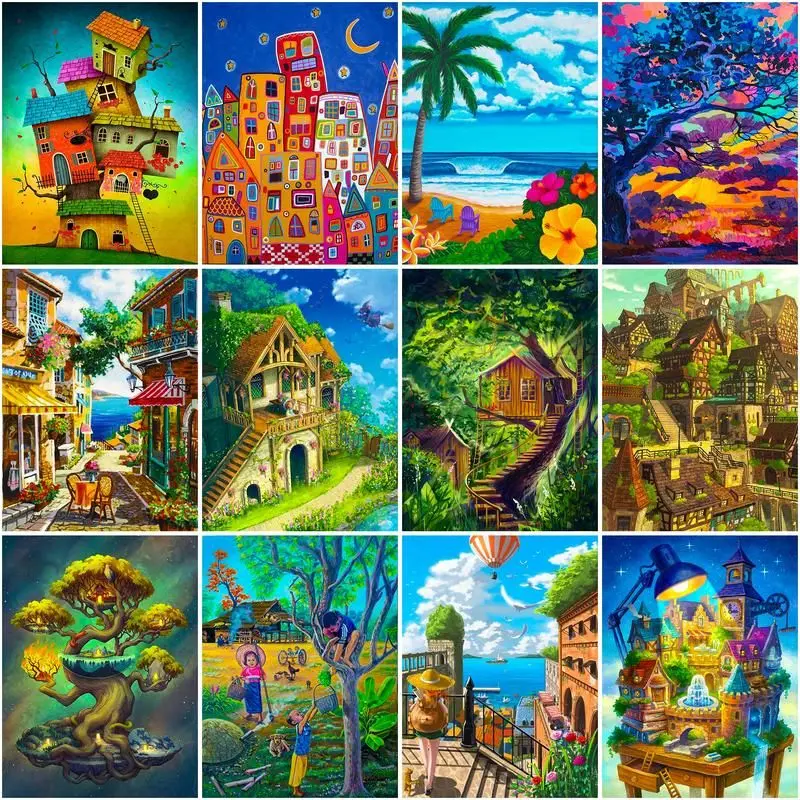 

CHENISTORY 5D Diy Diamond Painting Color House Scenery Diamond Embroidery Cross Stitch Pictures Of Rhinestones Mosaic Decortion