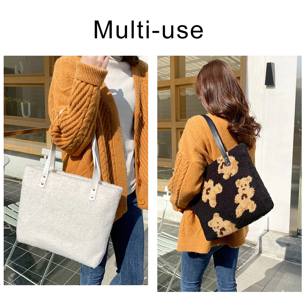 Plush Shoulder Bags For Women Simple Fashion Warm Fabric Large Capacity Shopping Bag Soft Canvas Tote Ladies Cute Bear Handbags