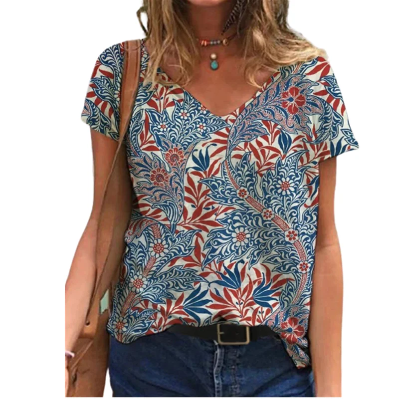 

2021 New Summer Women Plus Size T Shirt 3D Painting Abstract Short Tee Tops Casual V-Neck Street Ladies Cotton T Shirts Fashion