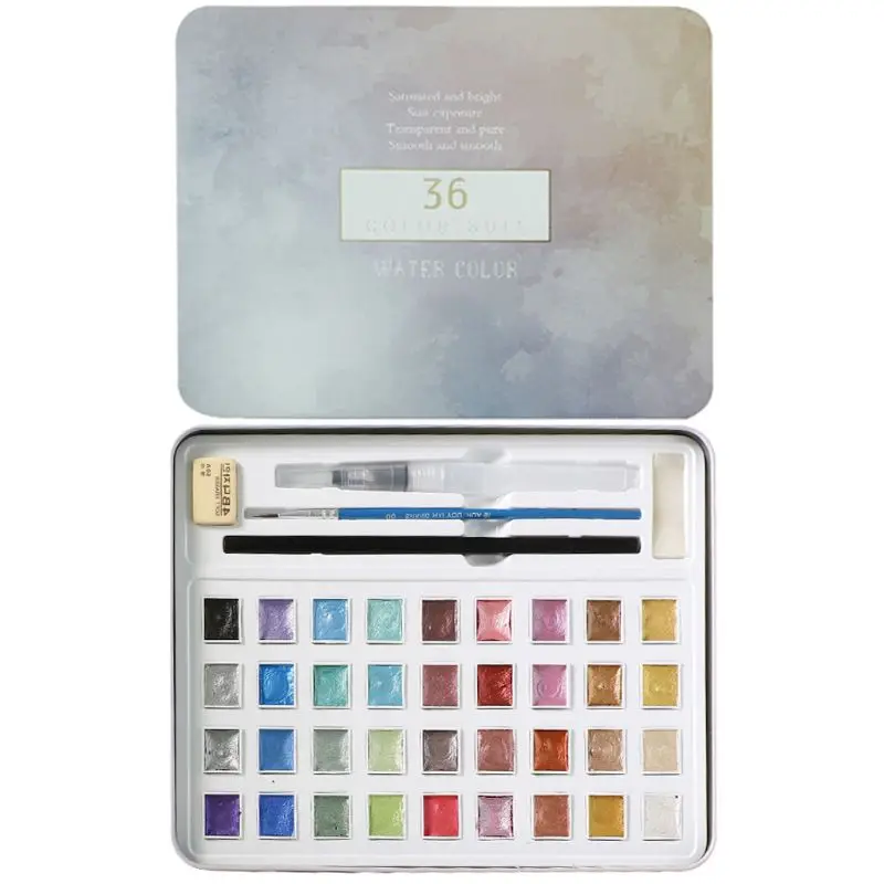 

36 Color Glitter Solid Watercolor Set Metallic Gold Aquarela Pigment Paints Free Eraser Artist Painting Brush Kit Art Supplies