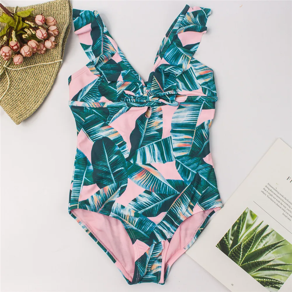 

Leaf Print Girls Kids One Piece Swimsuit Swimwear 2022 Falbala Bandage Children Bather Summer Kid Swimming Suit Monokini A256