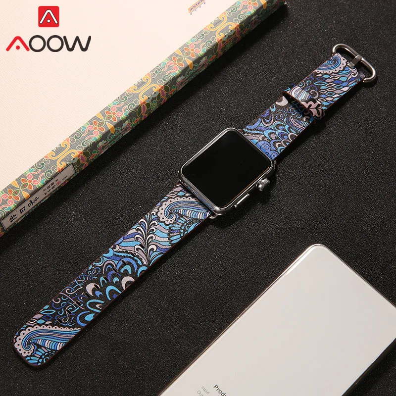 Кожаный ремешок для часов Apple Watch 38 мм 42 мм 40 мм 44 мм цветочный ремешок с цветочным принтом Национальный стиль браслет для iwatch 1 2 3 4