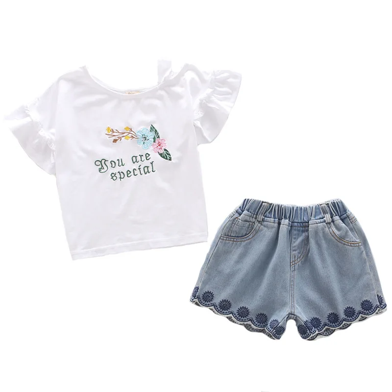 

Summer Soft Girl Clothes Ensemble Enfant Fille Off Shoulder Top Denim Short Fille Boutique Outfits Roupas Menina Two Piece Set