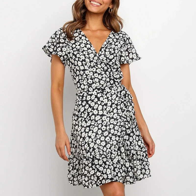 XHKLD Summer Fashion V Neck Floral Print A Line Dress Ruffles Flare Short Sleeve Beach Women Wrap Mini Dresses Robe Femme | Женская