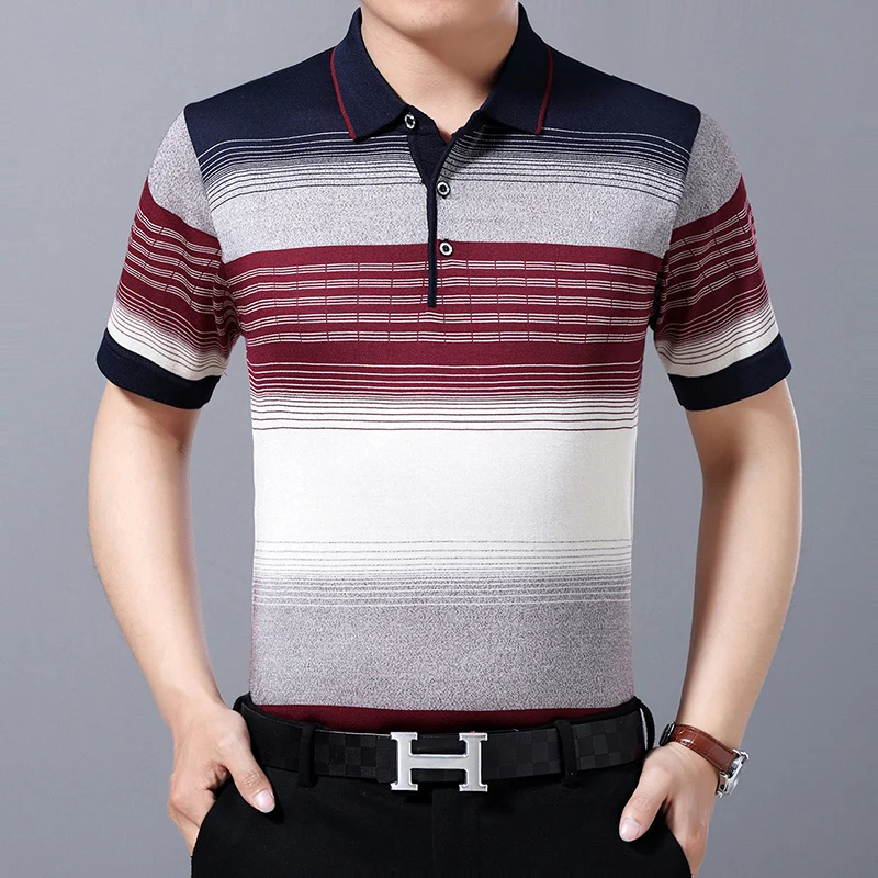 Трикотажная рубашка в полоску с коротким рукавом на лето 2020 мужские модные