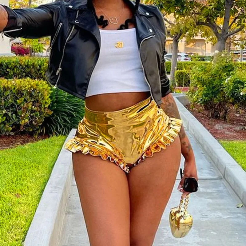 

Muyogrt Ruffle Shorts For Women Solid Zipper PU Leather Shorts Women Streetwear High Waist Sexy Night Club Booty Shorts Y2K 2021