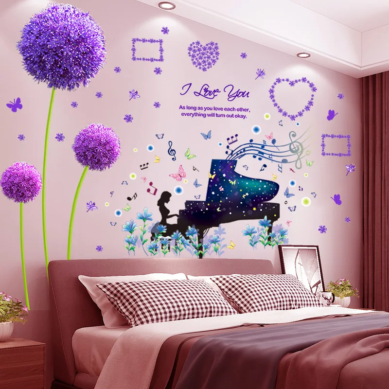 

[shijuekongjian] Piano Girl Wall Sticker DIY Purple Dandelions Flower Wall Decals for House Kids Room Baby Bedroom Decoration