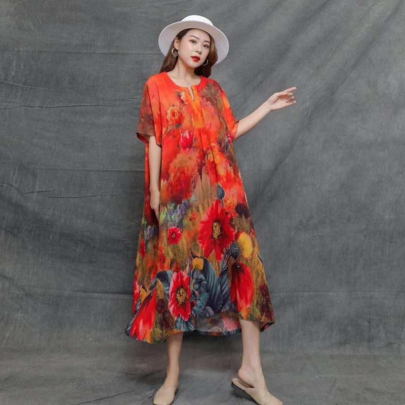 

CHICEVER Print Dress For Women V Neck Short Sleeve Oversized Hit Color Loose Mid Vintage Dresses Female Clothing 2021 Summer New