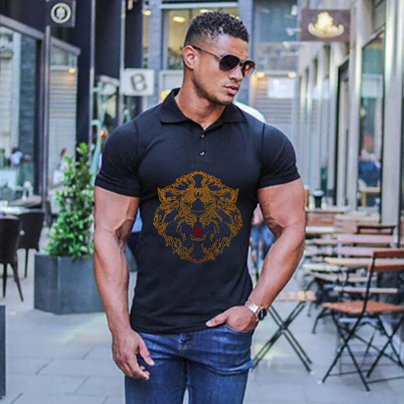 Spring And Summer Men's Polo Button Design T-Shirt Cotton Loose Hot Diamond Style Lapel Black White Short-Sleeved All-Match Top