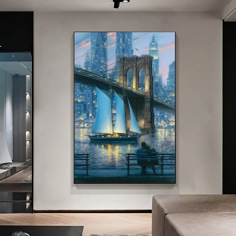 

Brooklyn Bridge City Night Landscape Canvas Painting Sailboat Wall Art Lover Poster Print Wall Picture for Room Home Hotel Decor