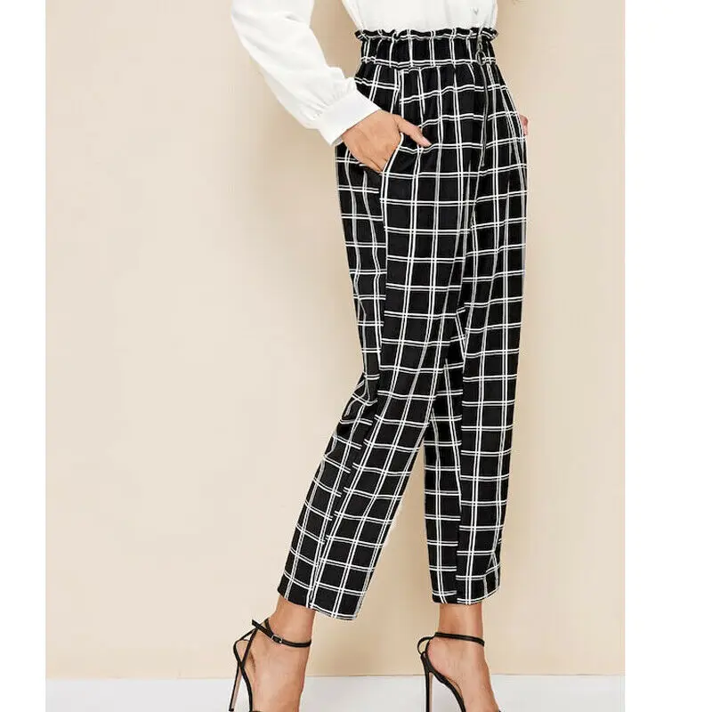 

Goocheer Women's High Waist Plaid Print Casual Trousers Ladies Loose Wide Leg Long Pants Fashion Zip Women Pants