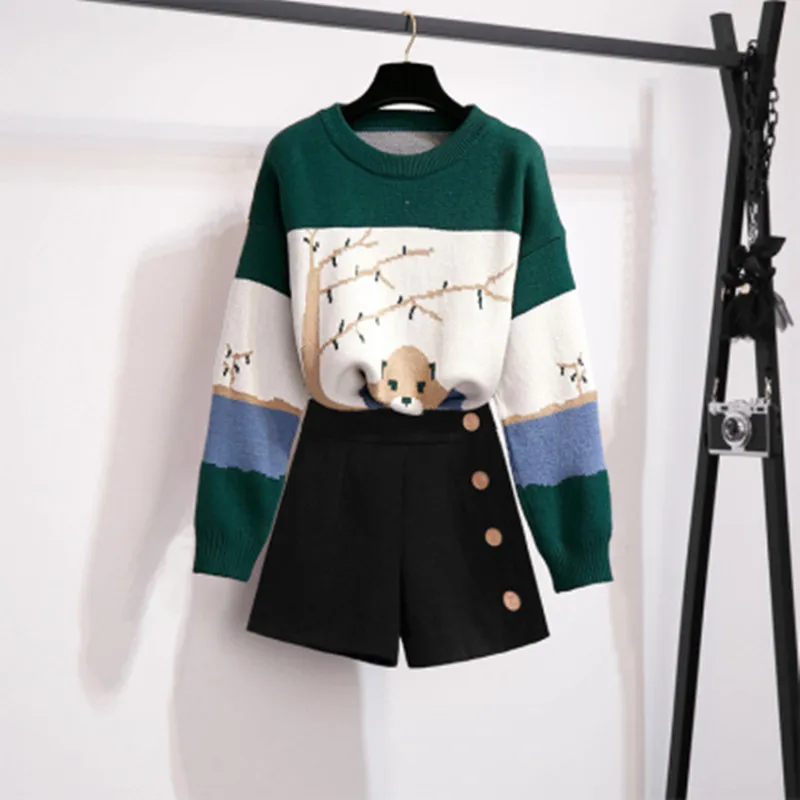Fashion New Women Knitted Suits O-Neck Loose Sweater Black Single-Breasted Shorts Sets For Woman Winter Casual Set |