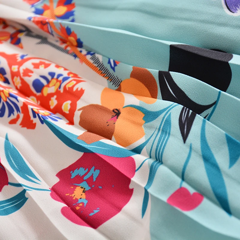 

AELESEEN Runway Fashion Women Dress Long Sleeve Autumn Dress V-Neck Flower Print Sashes Split Party Holiday Pleated Dress