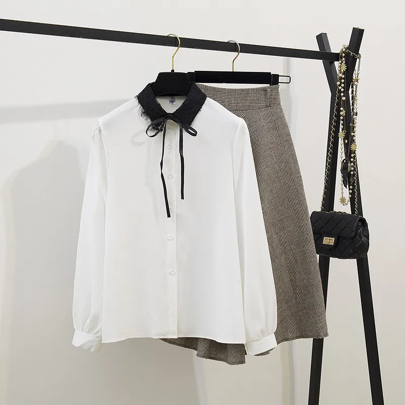 

Korean Fashion Suits Autumn New Chiffon Shirt & Plaid Skirts Two-Piece Clothing Set Women Outfit Office Lady Clothes Vestido