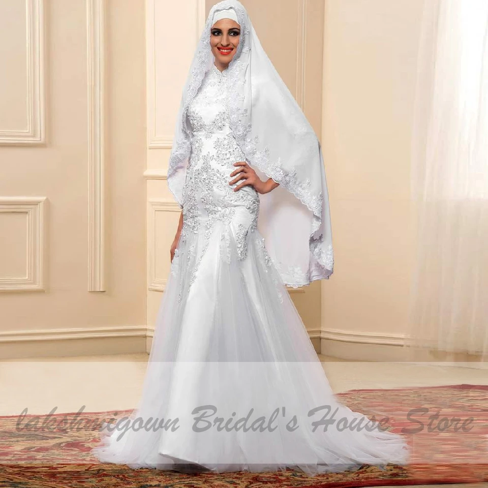 Indian Wedding Dress With Hijab Lace Beaded Mermaid Gown Long Sleeve Muslim Bridal 2020 Vestido de Novia Blanco | Свадьбы и