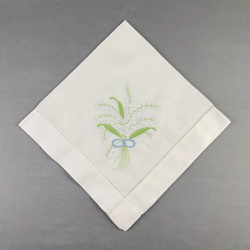 12 PCS Napkins White linen Hemstitched Table Napkin 20x20-inch Ladder Embroidered Lily Flower Dinner