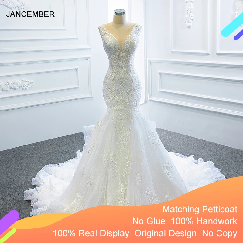 

J66964 Jancember Mermaid Wedding Dresses 2020 In Satin V Neck Sleeveless Court Train Pattern Lace Boho Dresses Vestidos De Noiva