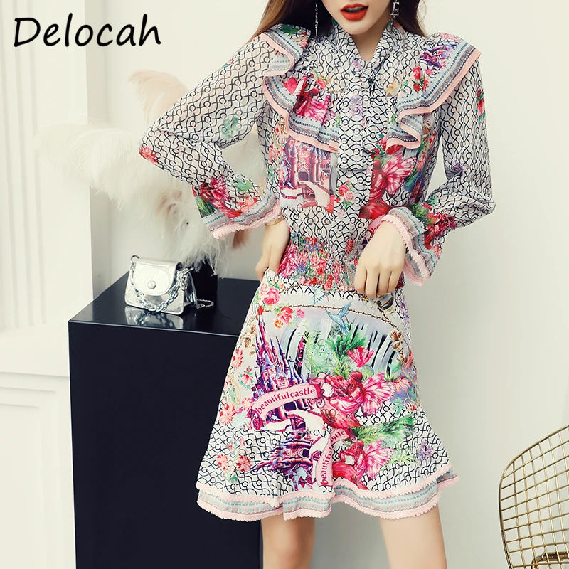 

Delocah/летний женский модный подиумный комплект с юбкой, свободные блузки с расклешенными рукавами и оборками + юбки трапециевидной формы с вы...