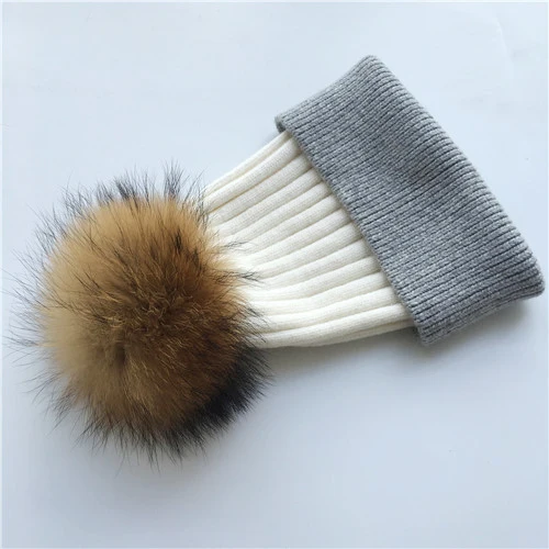White-grey N Зимняя шапка, модная шапка с натуральным мехом, женские шапки с помпоном, кашемировый шерстяной вязаный берет, меховая шапка с помпоном, шапка с большим мехом енота - Цвет: White-grey N