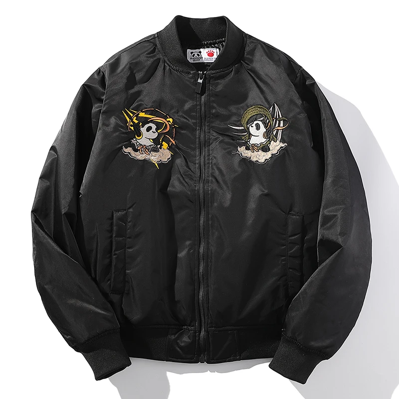 Mens Chinese Panda Embroidered Thick Peacoat Sukajan Souvenir Flight Jacket Bomber Coat Chic Outwear 2022